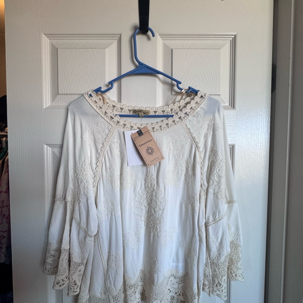 Democracy Cream Crochet-Trim Peasant Blouse
